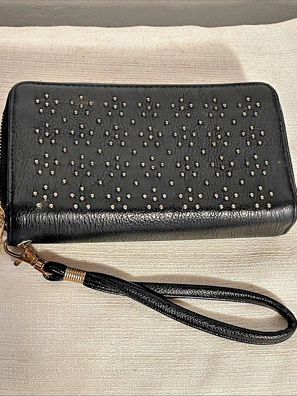 Studded Double-Zip Wallet in Black